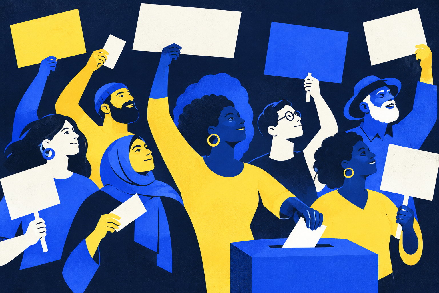An illustration of people standing together with blank placards and ballots.